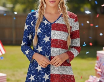 Vestido con escote en V y rayas patrióticas, túnica con brillo sintético, atuendo para el Día de la Independencia.