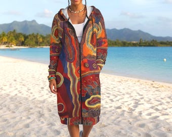 Aboriginal Art Inspired Shirt Dress, Psychedelic Long Hoodie Coat Dress , Colorful Boho Maxi Jacket, Art Abstract Art Print Coat - Dress.
