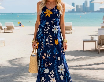 Vestido largo floral azul marino para mujer, top estilo bohemio de manga larga.