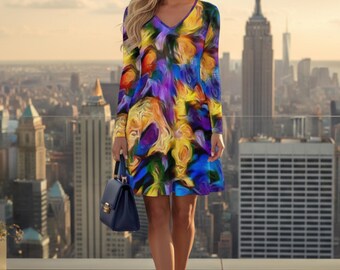 Minivestido geométrico abstracto con escote en V – Conjunto bohemio para la playa, Vestido bohemio extragrande con escote en V, Vestido midi geométrico verde y azul