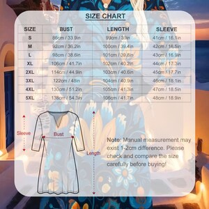 May include: A woman wearing a V-neck dress with a blue floral pattern. The image includes a size chart with bust, length, and sleeve measurements in centimetres and inches. The chart ranges from size S to 5XL.