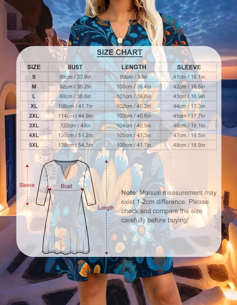 May include: A woman wearing a V-neck dress with a blue floral pattern. The image includes a size chart with bust, length, and sleeve measurements in centimetres and inches. The chart ranges from size S to 5XL.