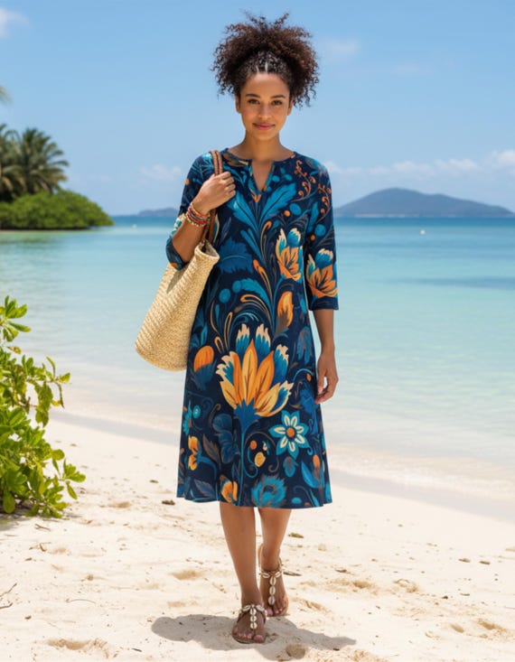 Blue Orange Floral Midi Shirt Dress with Pockets | Boho Chic V-Neck Tunic