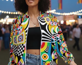 Psychedelic Geometric Print Bomber Jacket, Abstrat Art Print Bomber Jacket,Colorful Pop Art Festival Coat, Cute Artistic Gift.