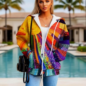 May include: A colorful zip-up hoodie with a vibrant patchwork design. The jacket features a mix of bright colors including yellow, orange, red, purple, and blue. It has a white interior and a drawstring hood. The model is wearing blue jeans.