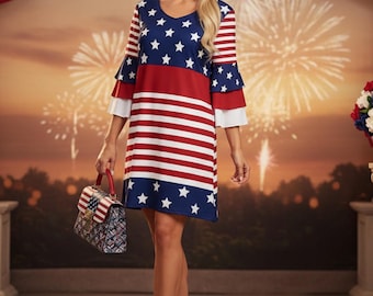 Vestido patriótico de rayas y estrellas con mangas acampanadas, túnica para el 4 de julio, conjunto de verano rojo, blanco y azul, ropa con estampado de la bandera estadounidense para el Día de la Independencia.