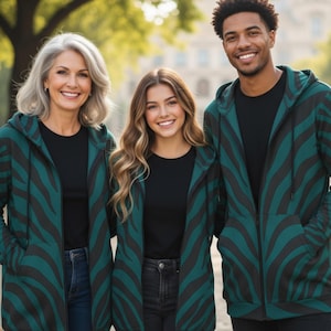 Veste à capuche unisexe bleu canard à imprimé zèbre, vêtements artistiques à imprimé animal, tenues de famille surdimensionnées élégantes assorties, élégant imprimé tigre. Zebra Print