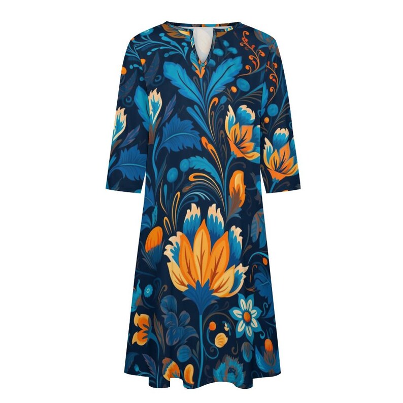 Blue Orange Floral Midi Shirt Dress with Pockets | Boho Chic V-Neck Tunic image 3