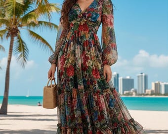 Floral Chiffon Maxi Dress, Boho Ruffle Gown, V-Neck Long Sleeve Party Dress