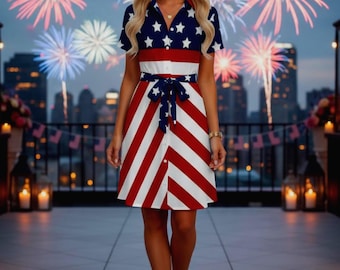 Vestido camisero con estrellas y rayas patrióticas, atuendo para el Día de la Independencia, Colección RayGiDesign