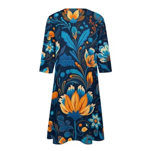 Blue Orange Floral Midi Shirt Dress with Pockets | Boho Chic V-Neck Tunic image 4
