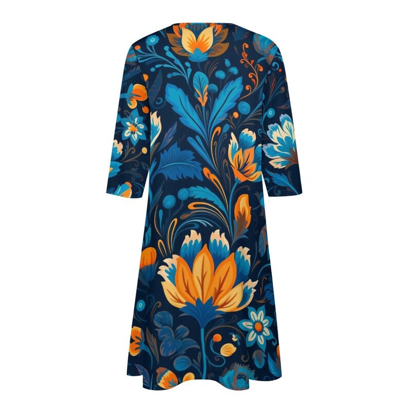 Blue Orange Floral Midi Shirt Dress with Pockets | Boho Chic V-Neck Tunic image 4