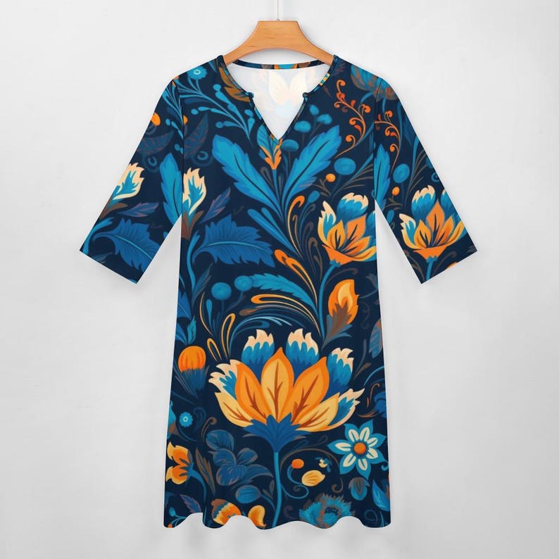 Blue Orange Floral Midi Shirt Dress with Pockets | Boho Chic V-Neck Tunic image 5
