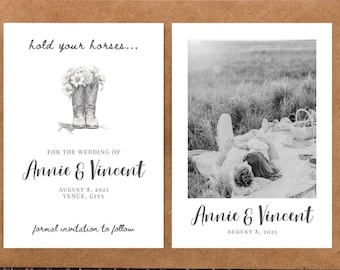 Plantilla de invitación monocromática para guardar la fecha, estilo western, para boda clásica de doble cara, para fotografía de pareja, editable.