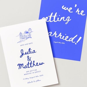 Bestimmungsort Santorini Griechenland Hochzeit sparen die Datumsvorlage, Küsten-Mittelmeer Hochzeitseinladung, Reisethema, bearbeitbare Vorlage