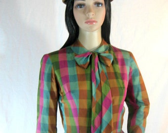 1950's SILK DRESS Plaid Bow Schoolgirl S