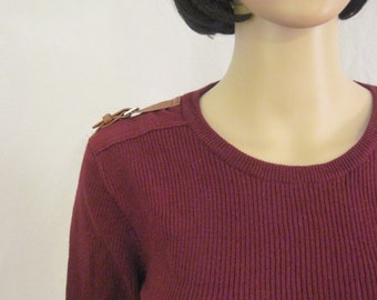 BURGUNDY SWEATER by Ralph Lauren 100% Cotton Rib Knit Crew Neck  Shoulder Belt with Buckle Size Large