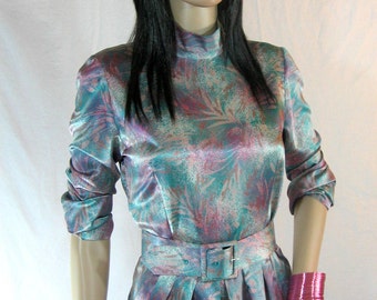 80s Handmade FLORAL SATIN DRESS with Belt