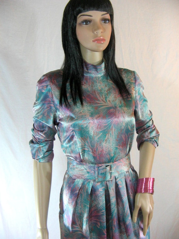 80s Handmade FLORAL SATIN DRESS with Belt