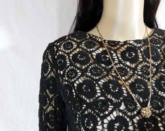 1940's Hand Taylored Black Gothic Floral Spider Web CROCHETED CROP SWEATER Size Small Medium one of a kind top