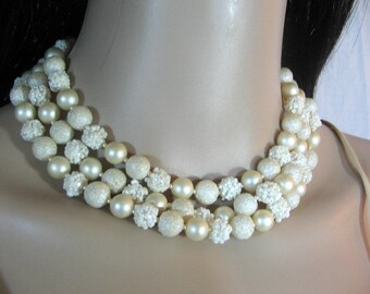 50's 60's WHITE WEDDING Beaded NECKLACE Triple Strands