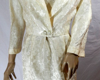 1940's Satin Wedding DRESS & CROP JACKET One of a Kind Hand Taylored Cream Floral Brocade size small