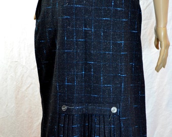 1940's Hand Taylored WOOL SCHOOLGIRL SKIRT Black & Blue high waist pleated plaid small / medium