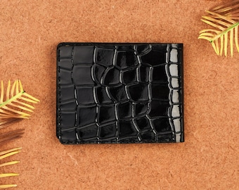 Handmade Glossy Croc Embossed Leather Wallet – Slim Bifold Wallet for Men, Croc Print Leather Wallet Birthday Gift for Him, Fathers day gift