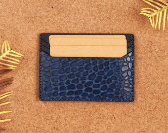 Handmade Blue Pebble Leather Card Holder: Slim Minimalist Wallet