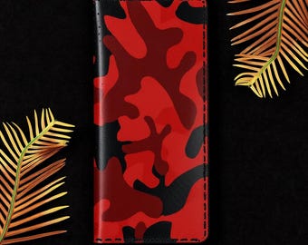 Handmade Red Camo Leather Wallet – Perforated Slim Clutch