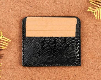 Glossy Black Python Leather Card Holder – Slim Minimalist Wallet for Men & Women, Christmas Gift for him, Genuine Leather Card Holder wallet
