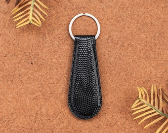 Handmade Black Genuine Leather Lizard Embossed Keyring – Luxury Keychain Gift for Him & Her, Valentines Day Keyring Gift for him her