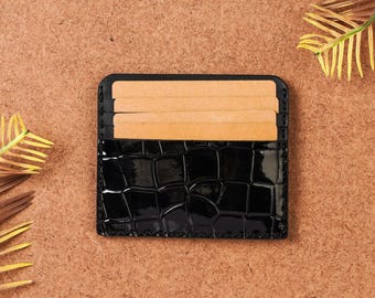 Hand Stitched Glossy Black Croc Leather Card Holder – Slim Minimalist Wallet for Men & Women, Christmas Gift for him, Xmas Gift for Her GF