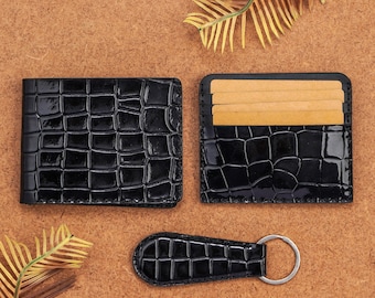 3 Pcs Groomsmen Gift set Glossy Croc Embossed Leather Wallets & keychain  – Slim Bifold card Wallet for Men, Croc Print Leather Wallet
