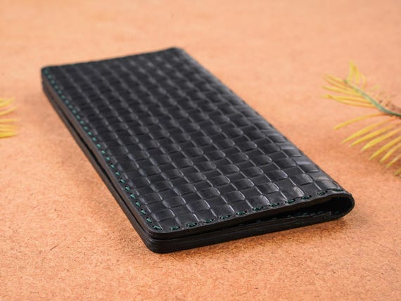Handmade Black Woven Leather Long Wallet – Men’s Slim Clutch, Minimalist Bifold Card Holder, Luxury Leather Gift, Date Night Christmas Gift