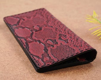 Handmade Red Dragon Snake Embossed Leather Long Wallet – Handmade Slim Bifold, Unisex Card Holder Gift, Mens Travel Wallet gift for him