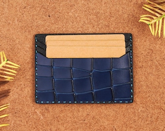 Croc Embossed Leather Card Holder: Navy Blue Slim Wallet