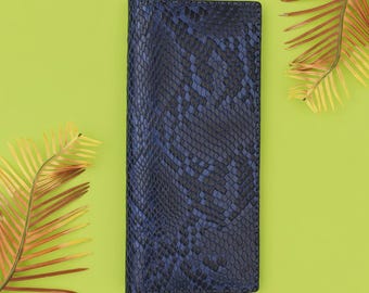 Handgemaakte lange portemonnee saffierslangenleer – damesclutch