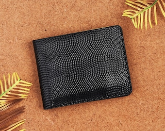 Handmade Lizard Embossed Black Leather Bifold Wallet, Slim Minimalist Design