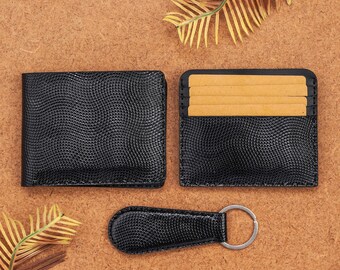 3 Pcs Groomsmen Gift set Rare Lizardskin Embossed Leather Wallets & keychain  – Slim Bifold card Wallet for Men, Mens Leather Wallet