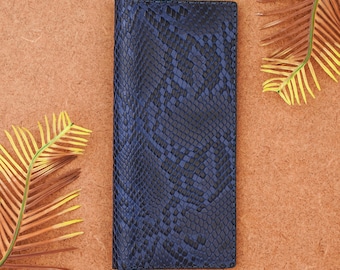 Handgemaakte lange portemonnee saffierslang slangenleer getextureerde leren portemonnee – dames portemonnee, luxe leren lange damesportemonnee, cadeau voor haar