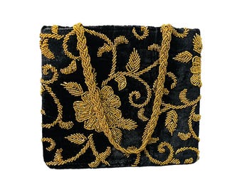 Black & Gold Embroidered Clutch Bag: Beaded Evening Purse, Valentine's Day Gift for wife GF