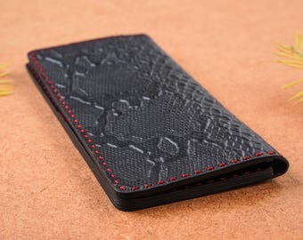 Black Snake Pattern Leather Wallet with Red Stitching – Handmade Bifold black leather wallet for boyfriend, Minimalist Women Leather Wallet