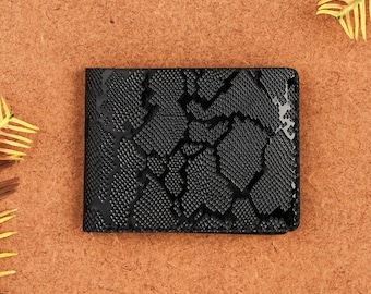 Handmade Black Python Pattern Leather Wallet – Slim Bifold Wallet for Men, Snake Print Leather Wallet Anniversary Gift for Him, Gift for dad