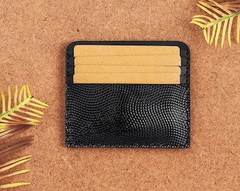 Glossy Black Lizard Leather Card Holder – Slim Minimalist Wallet for Men & Women, Unique Leather Business Card Holder, Sleek card wallet