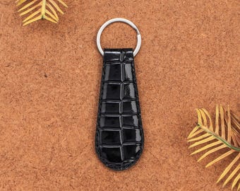Handmade Black Genuine leather Crocodile Embossed Keyring – Luxury Keychain Gift for Him & Her, Valentines Day Keyring Gift for him her