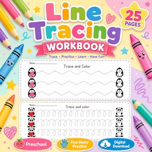 Puede incluir: Un cuaderno de ejercicios de trazado de líneas de 25 páginas con lápices de colores, estrellas y corazones. La portada muestra ilustraciones de pingüinos y pandas con líneas en zigzag y bucles, además de texto como Trace, Practice, Learn.