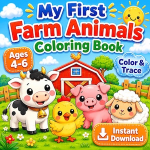 Libro para colorear de animales de granja / Traza los nombres de los animales / Actividad preescolar / PDF imprimible