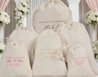 Wedding Welcome Favor Bags, Personalized Organic Cotton Drawstring Pouch, Bridal Shower Favor, For Guests