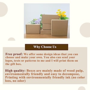 May include: Several brown cardboard gift boxes of varying sizes are arranged on a wooden surface, with flowers in the background. The text "Why Choose Us" is displayed below the boxes, along with details about the boxes' quality and design options.